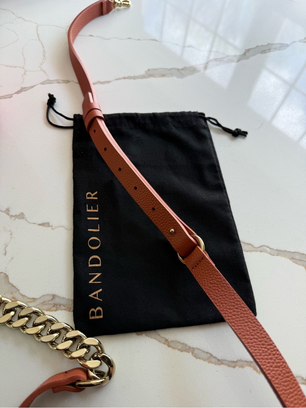 Bandolier Leather Phone Strap in Dusty Rose with Gold Hardware - Picture 2 of 3
